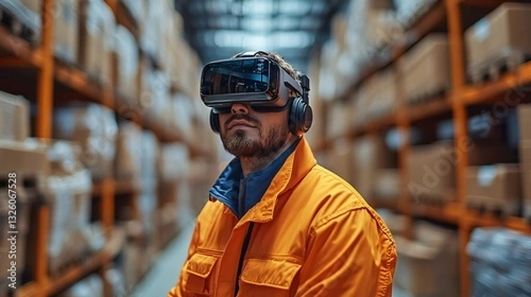 Fototapeta Virtual reality training session warehouse technology industrial environment close-up view innovation