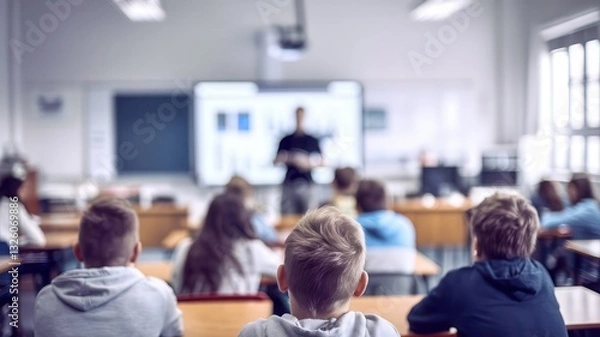 Obraz Students attentively listening to a lecture in a classroom setting.