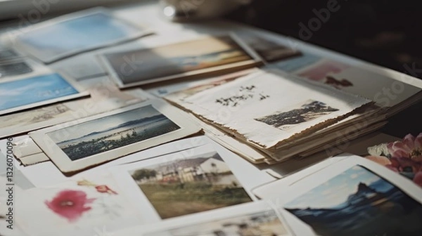 Fototapeta A collection of vintage postcards and letters on a white surface, providing room for text. picture
