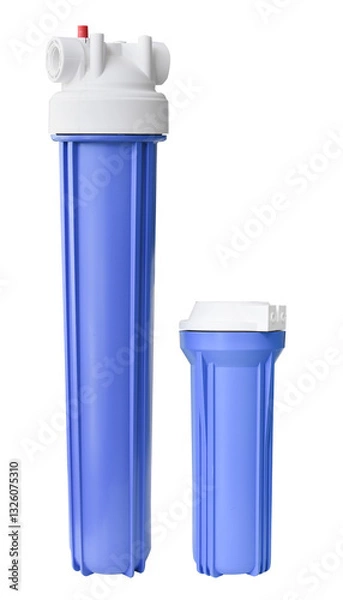 Obraz  Set three of cartridges for water filter with clear glass of water. Concept of water treatment technology. filter cartridges to domestic water treatment systems. 