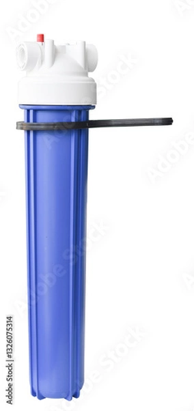 Obraz  Set three of cartridges for water filter with clear glass of water. Concept of water treatment technology. filter cartridges to domestic water treatment systems. 