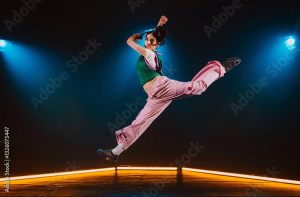 Fototapeta Hip hop dancer dancing in a cool studio with neon lights.