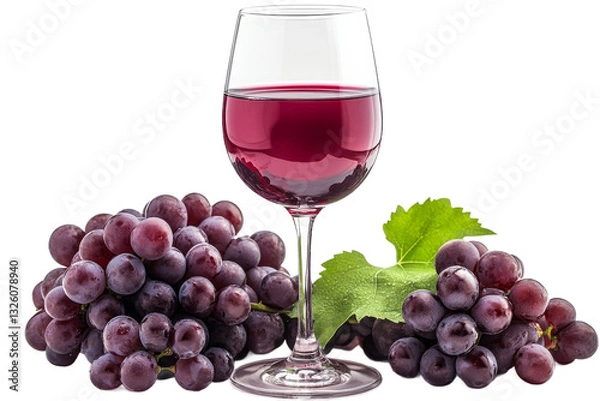 Fototapeta Fresh red wine and ripe grapes on clear backdrop