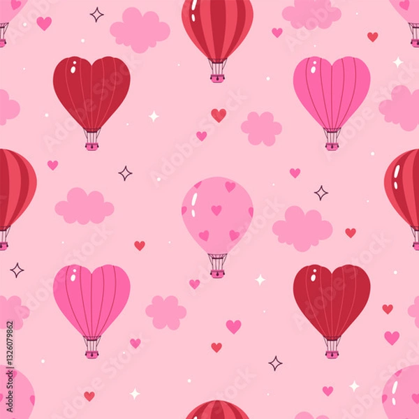 Fototapeta Seamless pattern with balloons in the shape of heart and classic shapes in pink tones. Vector graphics