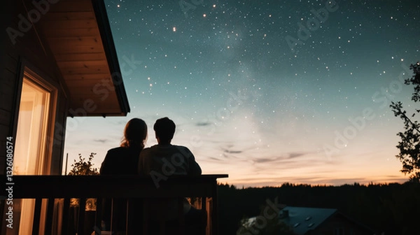 Fototapeta Two people peacefully enjoying evening on porch, gazing at breathtaking starlit sky with shared wonder