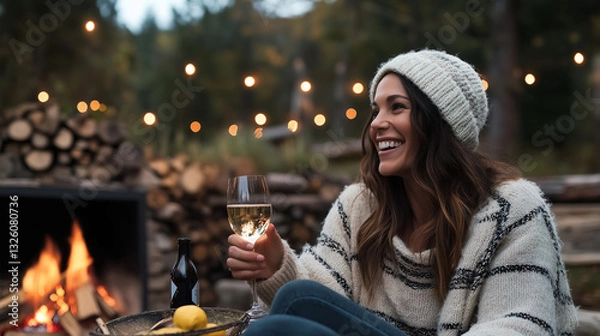 Fototapeta Woman enjoys evening relaxation with partner, sharing laughter and wine by cozy fire pit under soft string lights