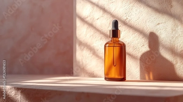 Fototapeta A sophisticated and minimalistic image of a beauty oil bottle placed against a soft background with gentle, glowing light illuminating the smooth surface of the bottle.