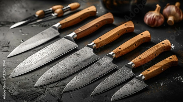Obraz A set of unique wooden-handled kitchen knives arranged in a diagonal composition, with ample clean space in the upper portion of the image for branding elements.