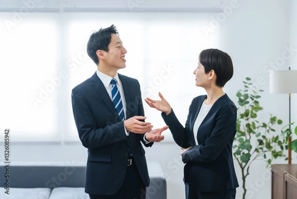 Fototapeta オフィスで会話する男女ビジネスパーソンのグループ