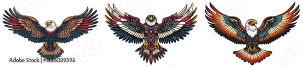 Fototapeta Set of a traditional American tattoo-style eagle with spread wings, isolated on a transparent background.