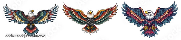 Fototapeta Set of a traditional American tattoo-style eagle with spread wings, isolated on a transparent background.