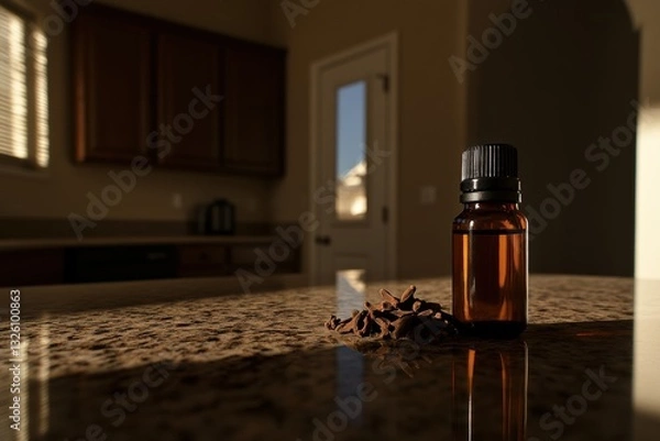 Fototapeta Clove oil bottle placed on bathroom counter with natural light illuminating the setting Generative AI