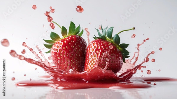 Fototapeta Fresh ripe strawberries splashing strawberry juice on white backdrop for lively high energy food photography advertisement Stock Photo Image Fruits Presentation