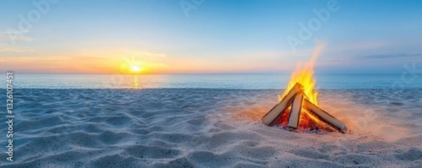 Fototapeta Beach bonfire on goldenlit sands, the flames reflecting warm tones into the colorful sunset backdrop, 3D render