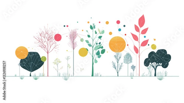 Fototapeta A stylized illustration depicting a row of various trees and plants against a white background.  The style is minimalist and graphic, with simplified forms and bold, flat colors.  The color palette