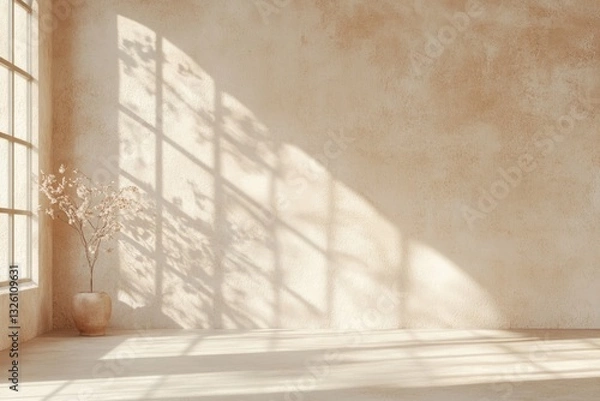 Obraz Natural Light Creates Serene Shadows on a Minimalistic Interior With a Vase and a Flower Against a Textured Wall