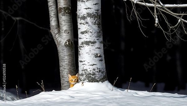 Obraz Blurred bokeh effect, strong moody style, high-resolution, ginger cat with orange, black, and white striped fur partially hidden behind a birch tree in a snowy forest, cat's face visible, textured bir