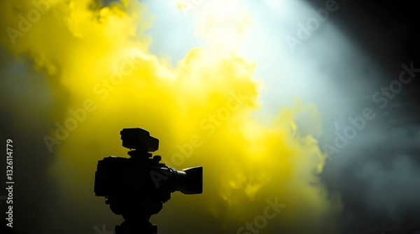 Fototapeta Silhouette of a camera against a backdrop of bright yellow smoke and dramatic lighting.