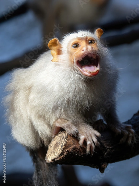 Obraz Silvery Marmoset, Mico argentatus sitting on a branch and making loud noises.