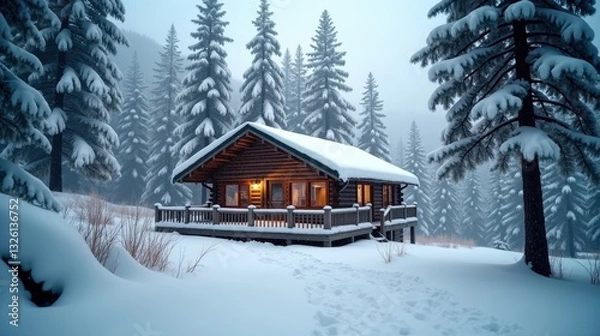 Fototapeta A cozy secluded mountain cabin, surrounded by thick winter snowfall, warm light glowing from its windows, snow-covered trees standing tall in a tranquil, picturesque 3D scene.