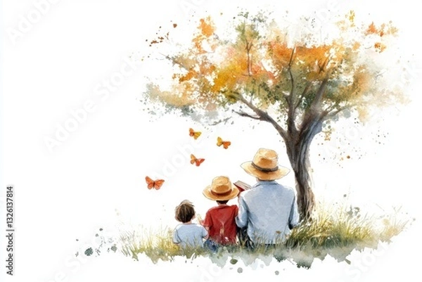 Fototapeta A dreamy watercolor depiction of a teacher sitting under a tree, reading a book to attentive students on World Teacher Day