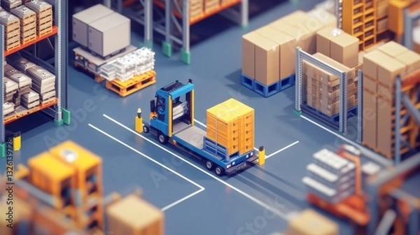 Fototapeta Efficient warehouse management in a busy storage facility during daylight hours with active forklift operations