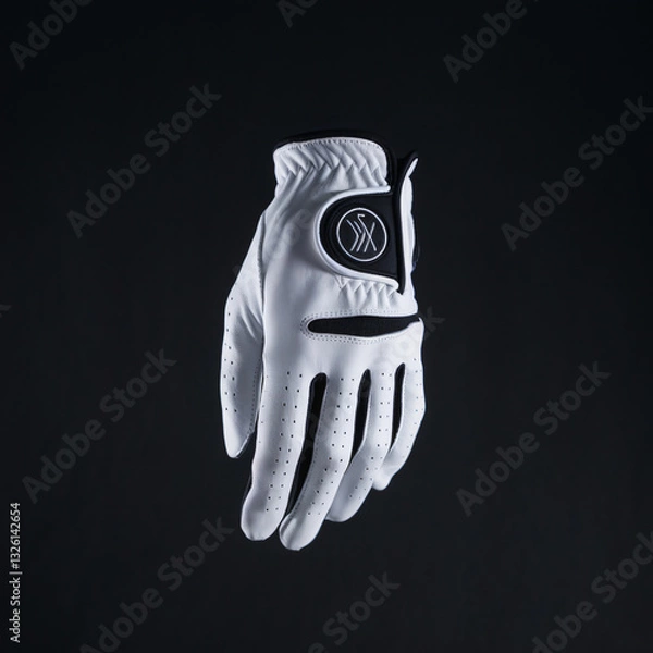 Fototapeta A photo of a white golf glove against a completely black background. The deep black background provides a stark contrast.