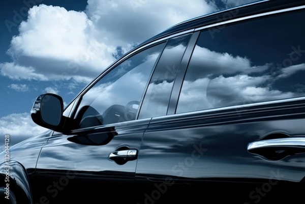 Fototapeta Luxury SUV parked under blue sky with fluffy clouds reflecting on sparkling windows Generative AI