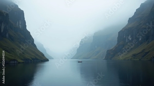 Fototapeta A serene fjord with towering mist-covered cliffs, their rugged faces reflecting in still waters. A small boat drifts peacefully, surrounded by the tranquil, mystical Nordic landscape.
