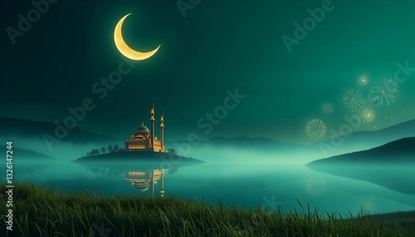 Obraz Serene yet celebratory image of a mosque, crescent moon, and fireworks. Perfect for Ramadan or Eid themes.