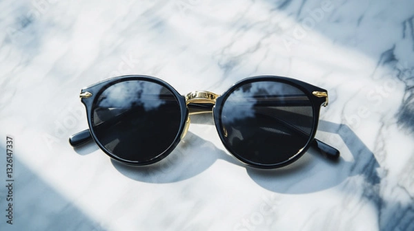 Obraz Black sunglasses on marble background. Summer accessory. Top view. 