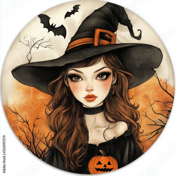 Fototapeta Vintage Halloween Witch Round Stickers with Pumpkins – Spooky and Nostalgic