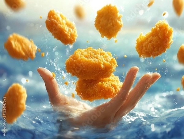 Obraz Crispy chicken nuggets levitating above a hand in water.
