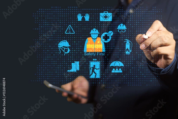 Obraz Work safety and compliance concept, Safety First concept, protective equipment including helmets, gloves and safety glasses. Compliance with laws and regulations to standard and corporate policy.