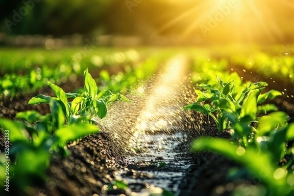 Fototapeta Close up view of an irrigation system watering young plants during sunset in a lush field Generative AI