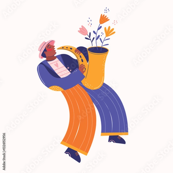 Fototapeta Musician plays jazz melody on a saxophone. Poster, placard and flyer templates for music festival, concert, event with musical instruments and singers. Modern vector flat colors illustration