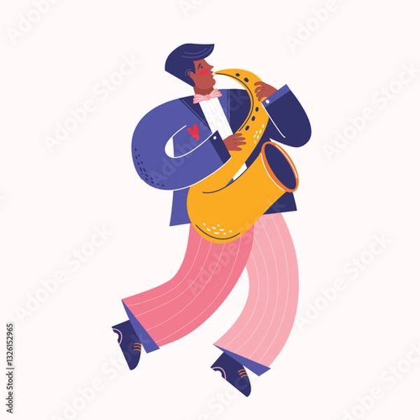 Fototapeta Musician plays jazz melody on a saxophone. Poster, placard and flyer templates for music festival, concert, event with musical instruments and singers. Modern vector flat colors illustration
