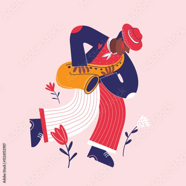 Fototapeta Musician plays jazz melody on a saxophone. Poster, placard and flyer templates for music festival, concert, event with musical instruments and singers. Modern vector flat colors illustration