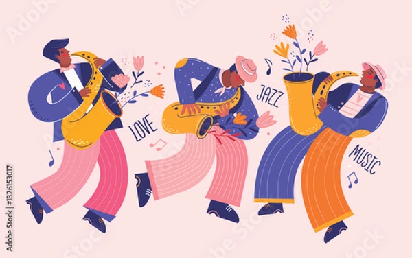 Fototapeta Jazz quartet. Group of musicians playing jazz on saxophones. Poster, placard and flyer templates for music festival, concert, event with musical instruments. Modern vector flat colors illustration