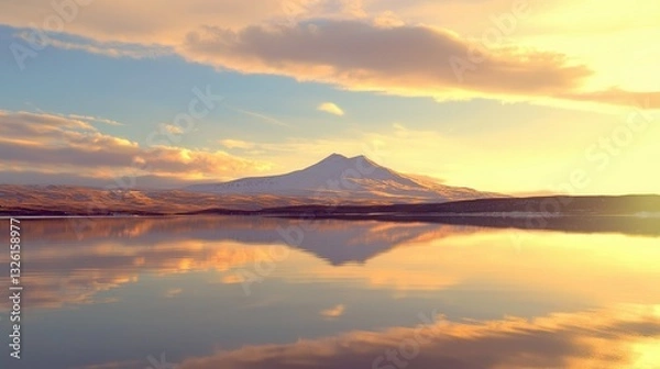 Fototapeta Serene Sunset Over Snowy Mountain and Calm Lake Reflection