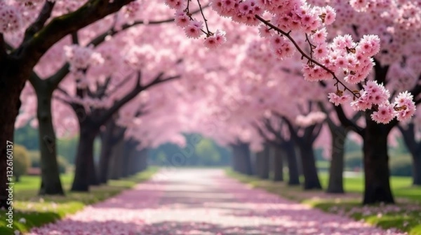 Fototapeta A serene cherry blossom garden in full bloom, delicate pink petals drifting in the wind, a peaceful scene with soft sunlight filtering through ancient branches.
