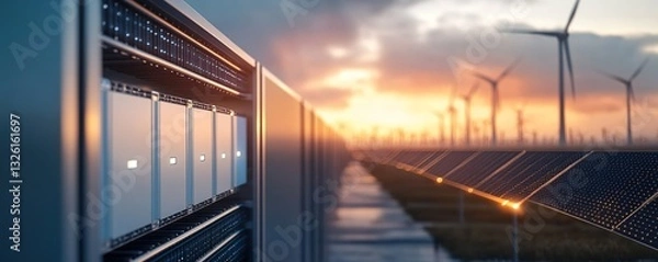 Fototapeta A photorealistic image of an energy storage system with rows of battery cells, seamlessly integrated into the landscape background of wind turbines and solar panels