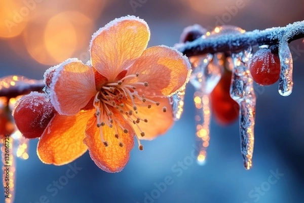 Fototapeta A single plum blossom on a frosty branch, with icicles glinting in the morning light