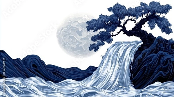 Obraz Pixelated Waterfall Scene Under A Moon