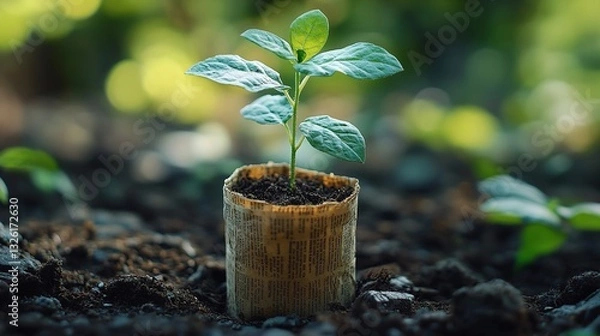 Obraz Nurturing New Beginnings: Seedling in Handmade Newspaper Pot