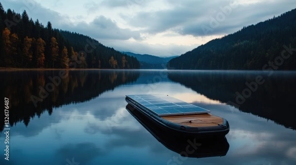 Fototapeta A floating solar farm on a calm lake, harnessing renewable energy efficiently