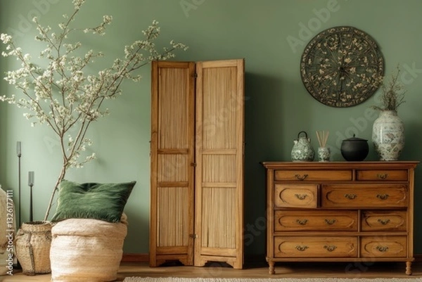 Fototapeta A cozy living room with green walls and matching furniture, perfect for a home office or relaxing space