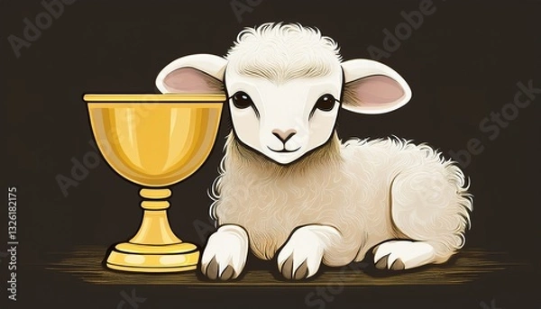 Fototapeta Whimsical illustration of a small lamb resting peacefully near a golden chalice, beautifully symbolizing purity and the presence of Christ. A religious image