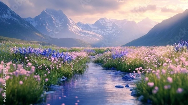 Fototapeta Tranquil Stream Flowing Through Vibrant Field of Colorful Wildflowers Under Bright Clear Blue Sky