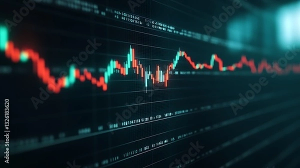 Fototapeta Abstract stock market chart with vibrant candlestick patterns in blue and red against a dark background